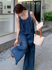 慵懒风宽松吊带上衣拖地阔腿裤套装女2025夏季新款简约休闲两件套，女装套装/套裙，浙宝305