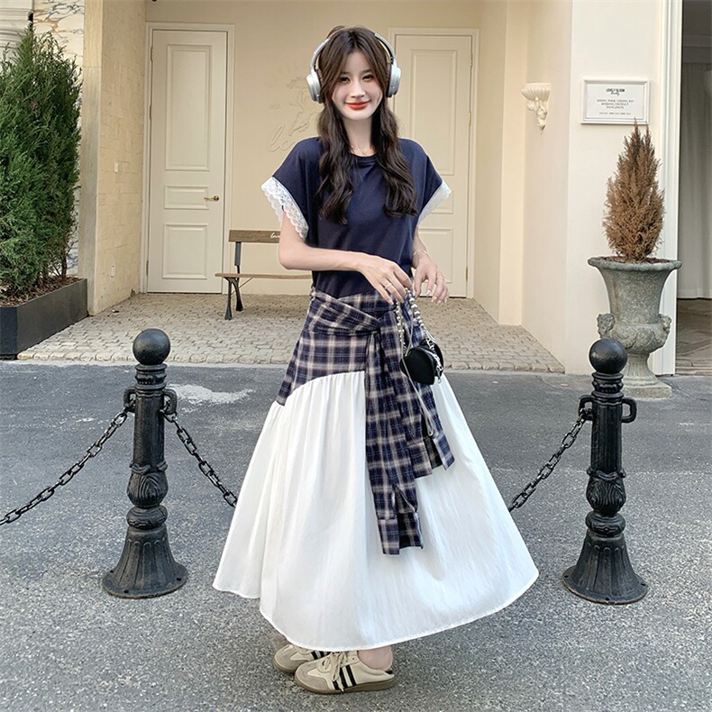 小众设计师款拼接格子绑带蕾丝连衣裙女2025夏季新款显瘦气质长裙图片
