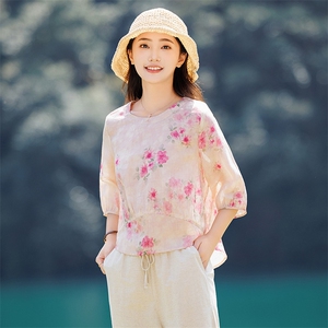 2026年夏季女短袖宽松亲肤透气苎麻文艺风文艺/优雅图片