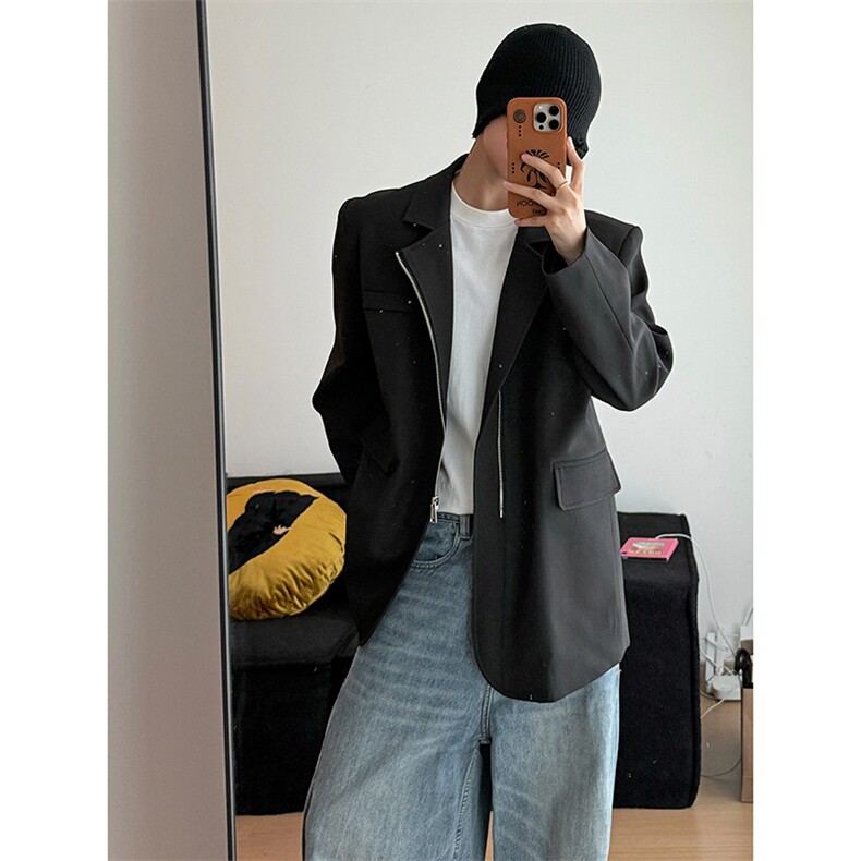 简约廓形通勤风拉链翻领西装外套简约款个性西服HY810P75控118,男装西服,电商A102B
