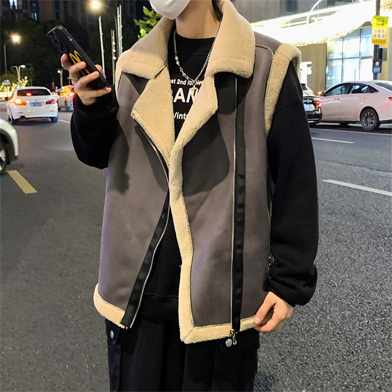 f翻领日系坎肩皮衣马甲加绒加厚男女冬季宽松休闲外套D011-P88图片