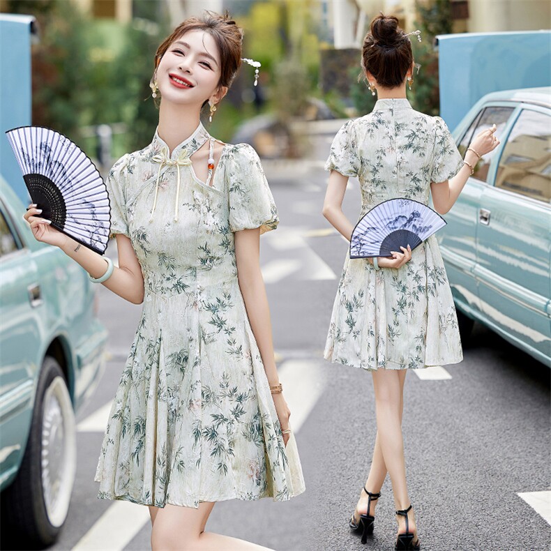 现货2025年夏季新中式花短款连衣裙,女装连衣裙,天丽