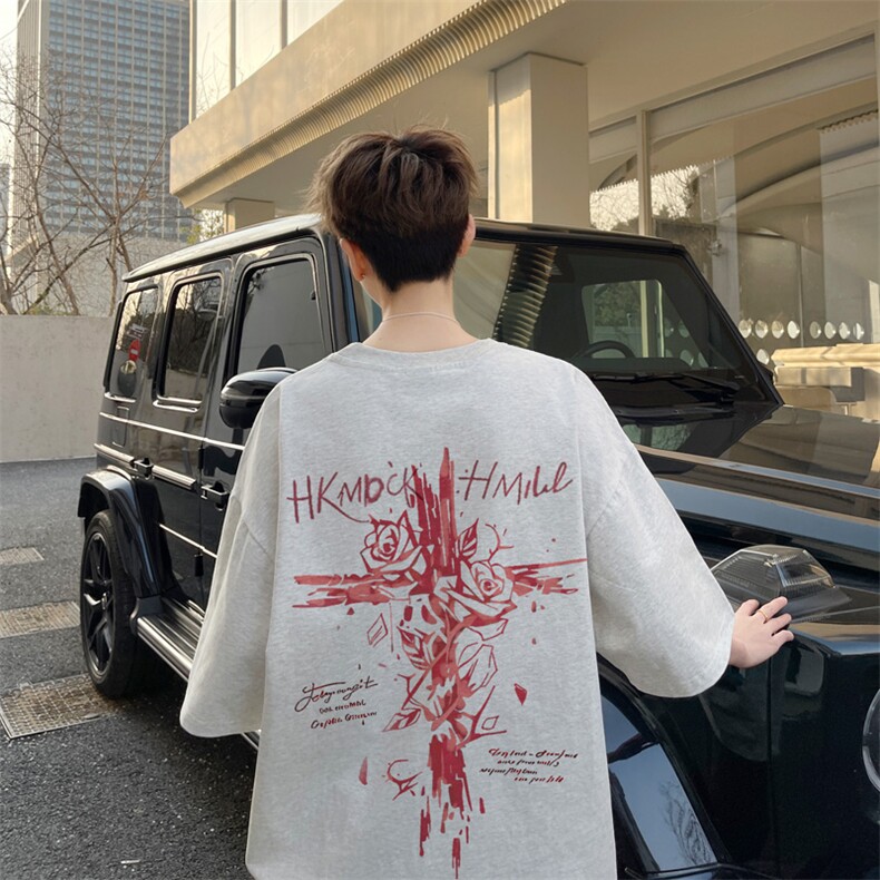 图案已注册夏季重磅高街情侣短袖T恤男潮宽松半袖体恤衫D175/P25，男装T恤，电商B209