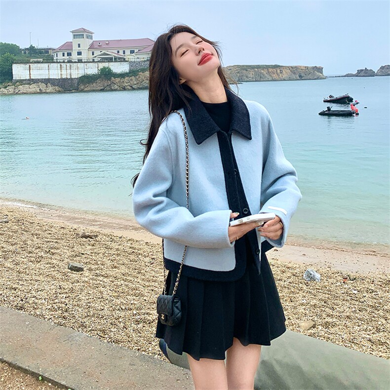 韩版拼色翻领短外套女2025秋冬季新款时尚宽松显瘦小个子双面羊毛,女装毛呢外套,1C150