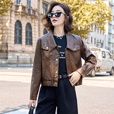 短款皮衣港风女士洋气学院风美式宽松型轻职风厚款春秋显瘦小个子，女装皮衣，臻衣坊