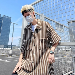 复古竖条纹针织短袖衬衣男2024夏季韩版潮流宽松半袖衬衫休闲图片