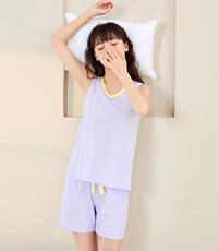 2025年秋季睡衣1件圆领休闲无袖短裤猫人女士睡衣短款套装，睡衣套装，泰合衣坊