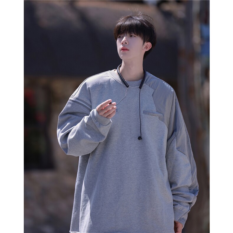 港风外景秋装美式高街宽松拼接圆领卫衣外套男潮牌D319-P45，女装短外套，电商A335-1（原A458）