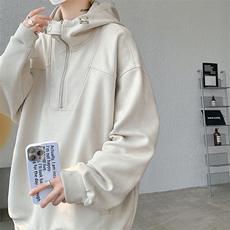 麂皮绒卫衣连帽M~8XL大码宽松美式重磅半拉链帽衫外套WY9102/P68，女装短外套，电商B238