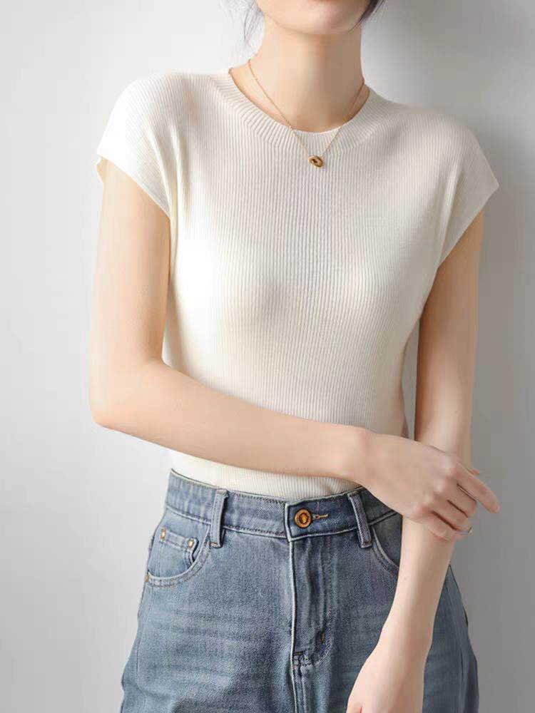 针织短袖t恤女2025新款夏季薄款宽松显瘦打底上衣小衫，女装T恤，更慕羊绒