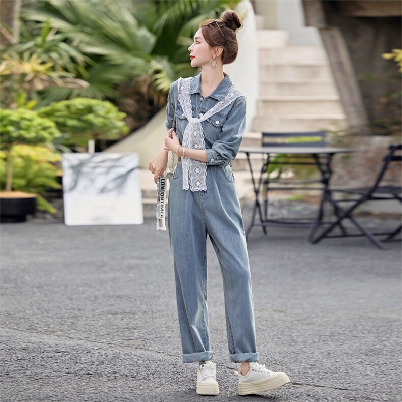 2025年秋新款蕾丝披肩小个子宽松休闲工装牛仔连体裤，女装连体裤，瑶迪