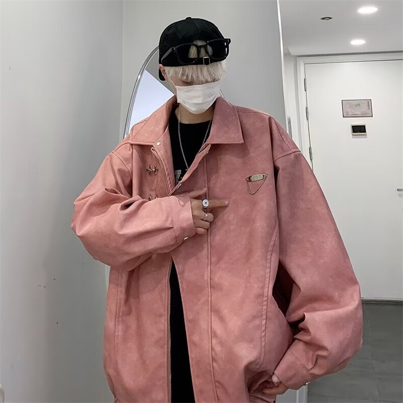 美式复古飞机扣PU皮外套男女春秋宽松休闲夹克JK21-P93图片