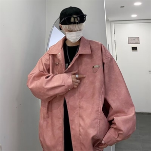 美式复古飞机扣PU皮外套男女春秋宽松休闲夹克JK21-P93图片