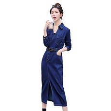 （现货）2026春装新款时尚气质修身显瘦V领牛仔连衣裙（配腰带），女装连衣裙，印象茜