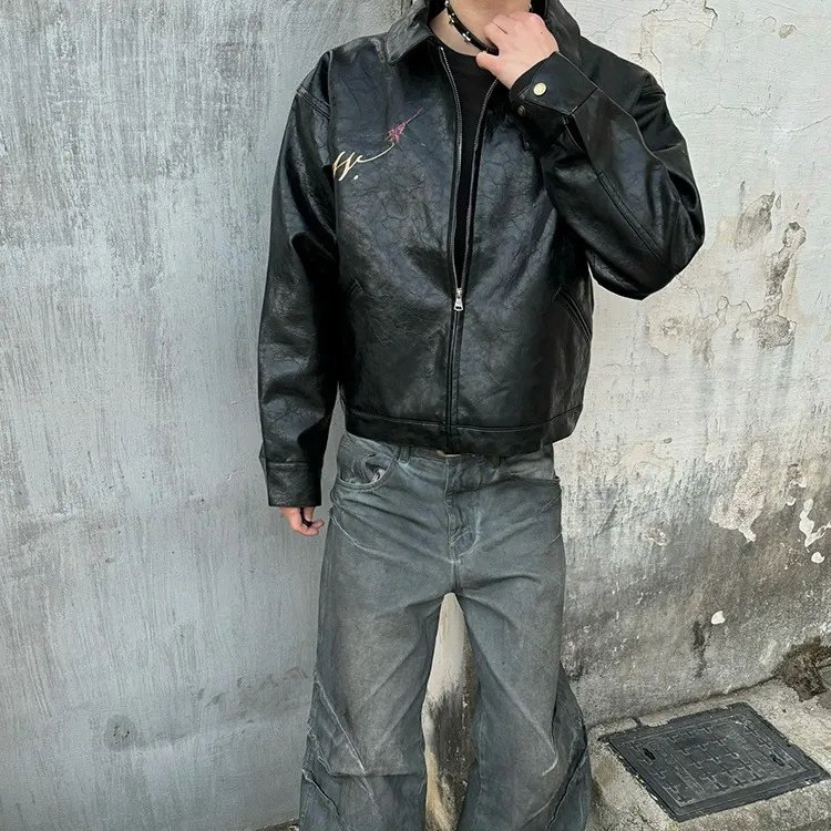 短款皮衣外套男潮高级感痞帅男装垫肩解构设计感机车夹克,男装皮衣,四季星座505