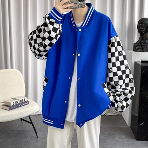 秋季美式潮流格子拼接棒球服外套男宽松夹克情侣上衣JK02226-P65