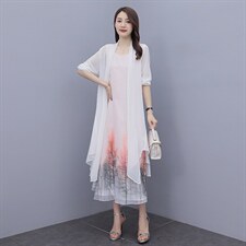 夏季新款优雅印花长款连衣裙防晒外披两件套，女装连衣裙，秀美人生