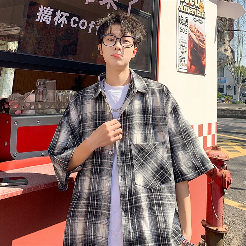 短袖衬衫男夏季新款磨毛格子衬衣DX716-特批26无差价,男装衬衫,星座214-3