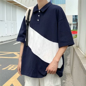 美式炸街拼接短袖Polo衫男宽松休闲翻领简约T恤上衣 T1261-P33图片