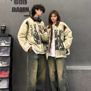 网络图现货美式复古小众做旧废土风脏洗印花外套R502-P88图片