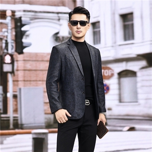 春秋款男士绵羊皮西服真皮休闲外套中年男装百搭通勤夹克蓝絮纹图片