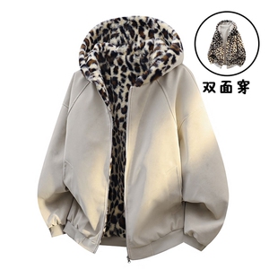 数据款座山雕荔枝纹双面穿PU皮豹加绒男女连帽棉衣PYM659 P100图片