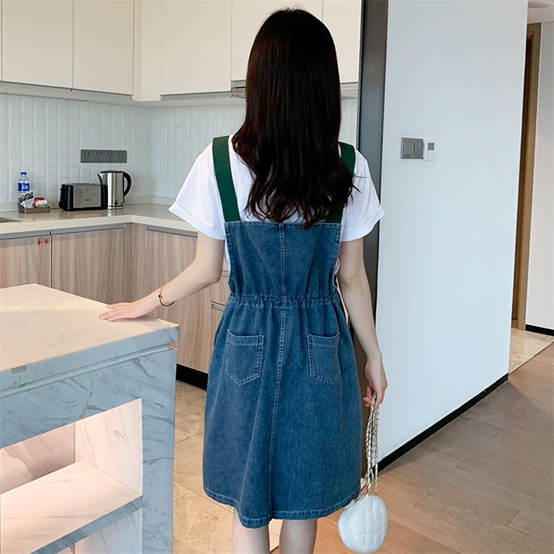 背带裙套装韩版通勤牛仔裙女夏新款连衣裙印花套头休闲韩版中长款,女装连衣裙,梦懿尔