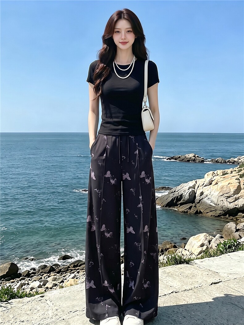 女夏季高级感休闲运动套装圆领收腰短袖阔腿蝴蝶印花长裤两件套潮,女装套装/套裙,江南