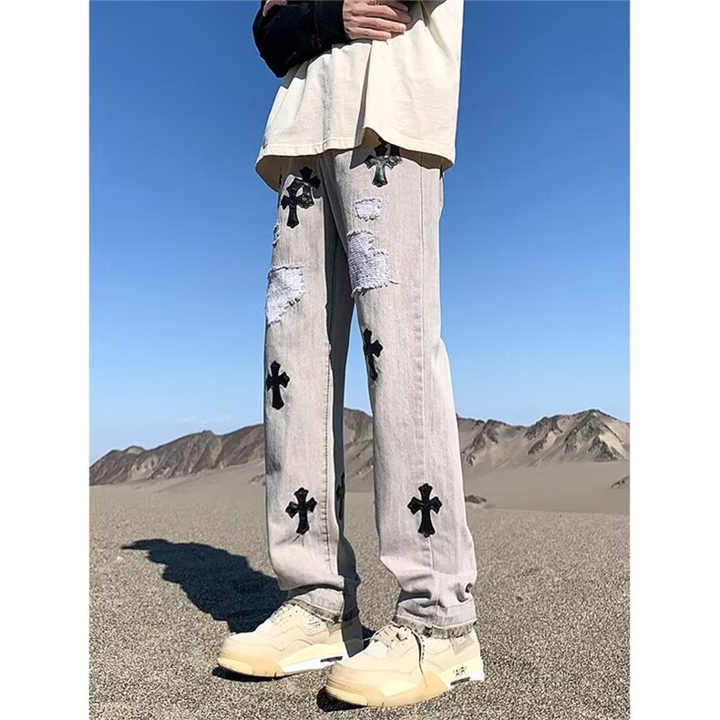 毛边牛仔裤男士春季潮牌美式高街宽松直筒潮流设计感补丁长裤子,男装牛仔裤,星座410-7