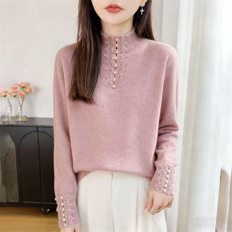 2026年秋季时尚半导体秋季羊休闲花边珍珠半高，女装针织衫/毛衣，暖姿羊绒