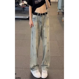 彩绘涂鸦阔腿牛仔裤女春高腰宽松设计感小众渐变直筒裤 N7095图片