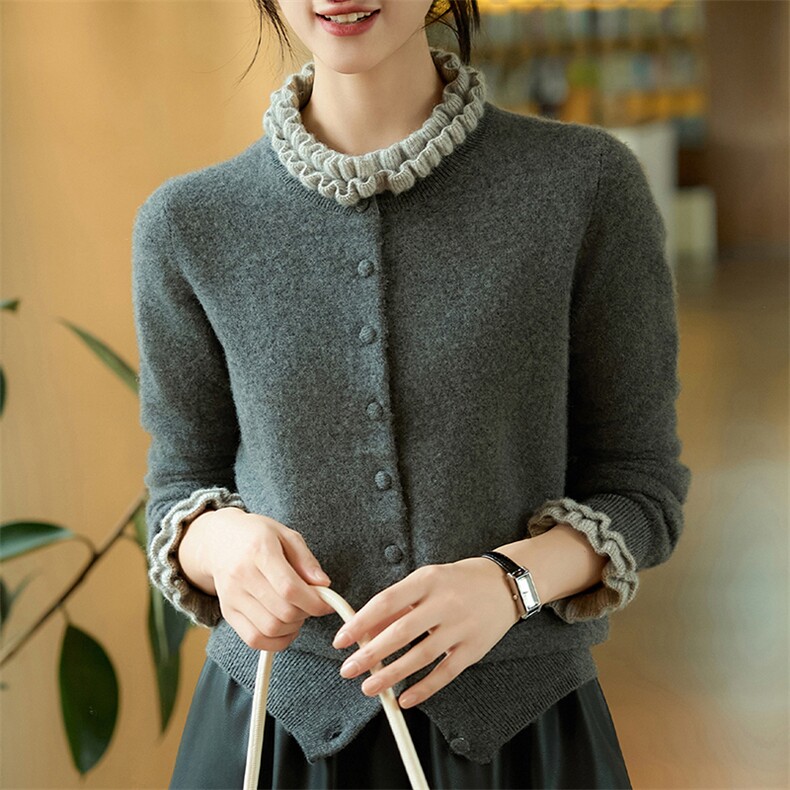 2025秋冬新款纯羊毛木耳边长袖针织开衫女设计感毛衣外套打底上衣，女装羊毛衫，犀桦羊绒