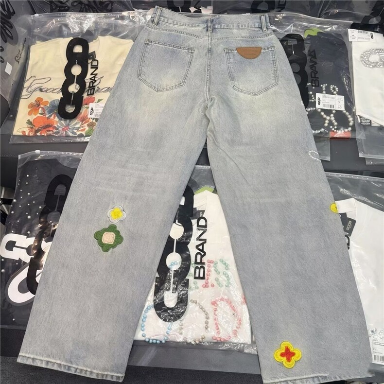 新款牛仔裤男女重工提花设计感满印高腰显瘦阔腿直筒裤,男装牛仔裤,星座410-7
