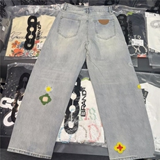 新款牛仔裤男女重工提花设计感满印高腰显瘦阔腿直筒裤，男装牛仔裤，星座410-7