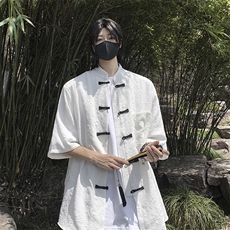 夏季新中式五分袖衬衣2024新款潮牌宽松衬衫男现货W8179-P35，男装衬衫，星座512-4