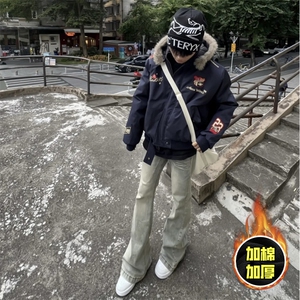 现货高品质美式高街重磅刺绣座山雕大毛毛领棉衣男女加厚棉服外套图片