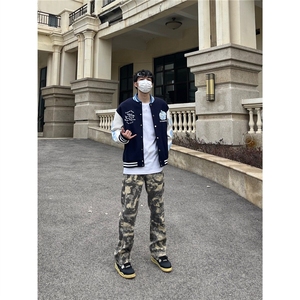 美式vibe迷彩直筒工装牛仔裤男hiphop高街复古微喇修身图片