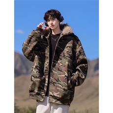 W624-P105毛领迷彩加绒连帽卫衣外套男女秋冬季加厚美式上衣，女装短外套，星座911-1