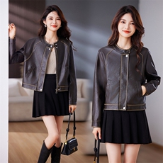 现货复古皮衣短款外套女2024秋季新款显瘦机车PU皮夹克上衣，女装皮衣，跑量工厂店