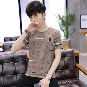 夏季冰丝短袖男横条卫衣男T恤男五分袖圆领套头印花男灰T9506图片