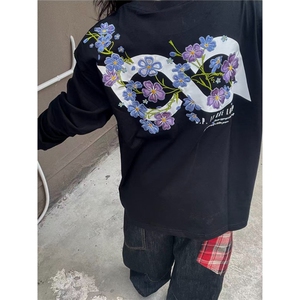 潮美式重工刺绣花卉长袖卫衣女春秋薄款街头设计感情侣潮牌上衣图片
