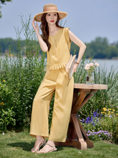 休闲无袖亚麻套装女2025夏新款宽松遮肚小香风天丝麻阔腿裤两件套，女装套装/套裙，E百度