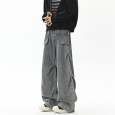 高街牛仔裤男士韩版潮流褶皱口袋帅气2024冬季ins长裤RK2359-P55，男装牛仔裤，星座412-2