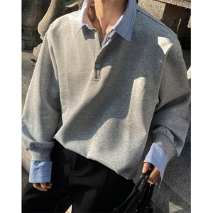 秋季美式假两件衬衫领卫衣男宽松休闲百搭情侣打底上衣 WW03图片