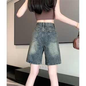 做旧阔腿牛仔短裤美式复古水泥灰牛仔短高腰女牛仔短裤DK194-p38