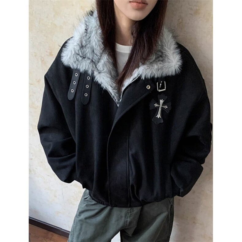 复古做旧座山雕加厚棉服男女宽松解构磨毛毛领外套 MS591图片