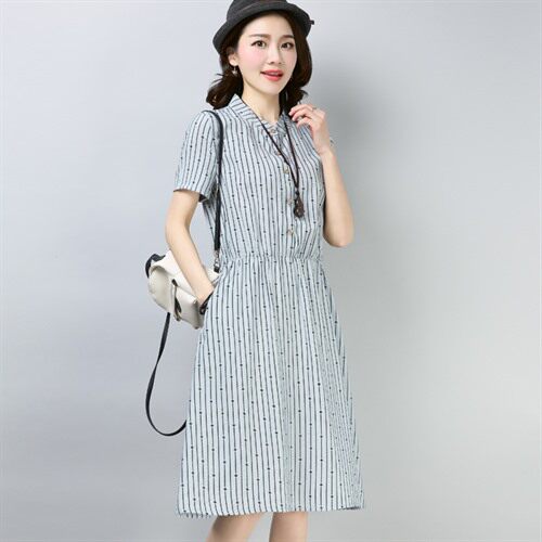 2021年夏季中长款短袖口袋连衣裙圆点锦纶通勤POLO领松紧腰,女装连衣裙,丽影随形