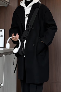 N6150/P115港风双排扣中长款过膝长款呢大衣男风衣毛呢料外套图片