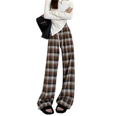 高个子复古格子阔腿裤女秋季新款宽松显瘦休闲拖地格纹长裤，女装休闲裤，梦白服饰厂