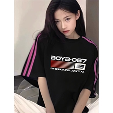 抖音得物品质二开240克宽松纯棉美式潮牌印花三条杠中性风短袖T恤，男装T恤，电商A486